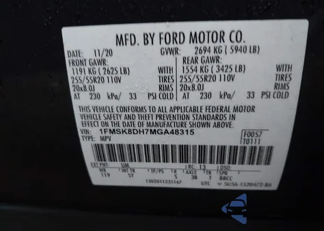 2021 Ford Explorer Xlt from USA, damaged, VIN 1FMSK8DH7MGA48315